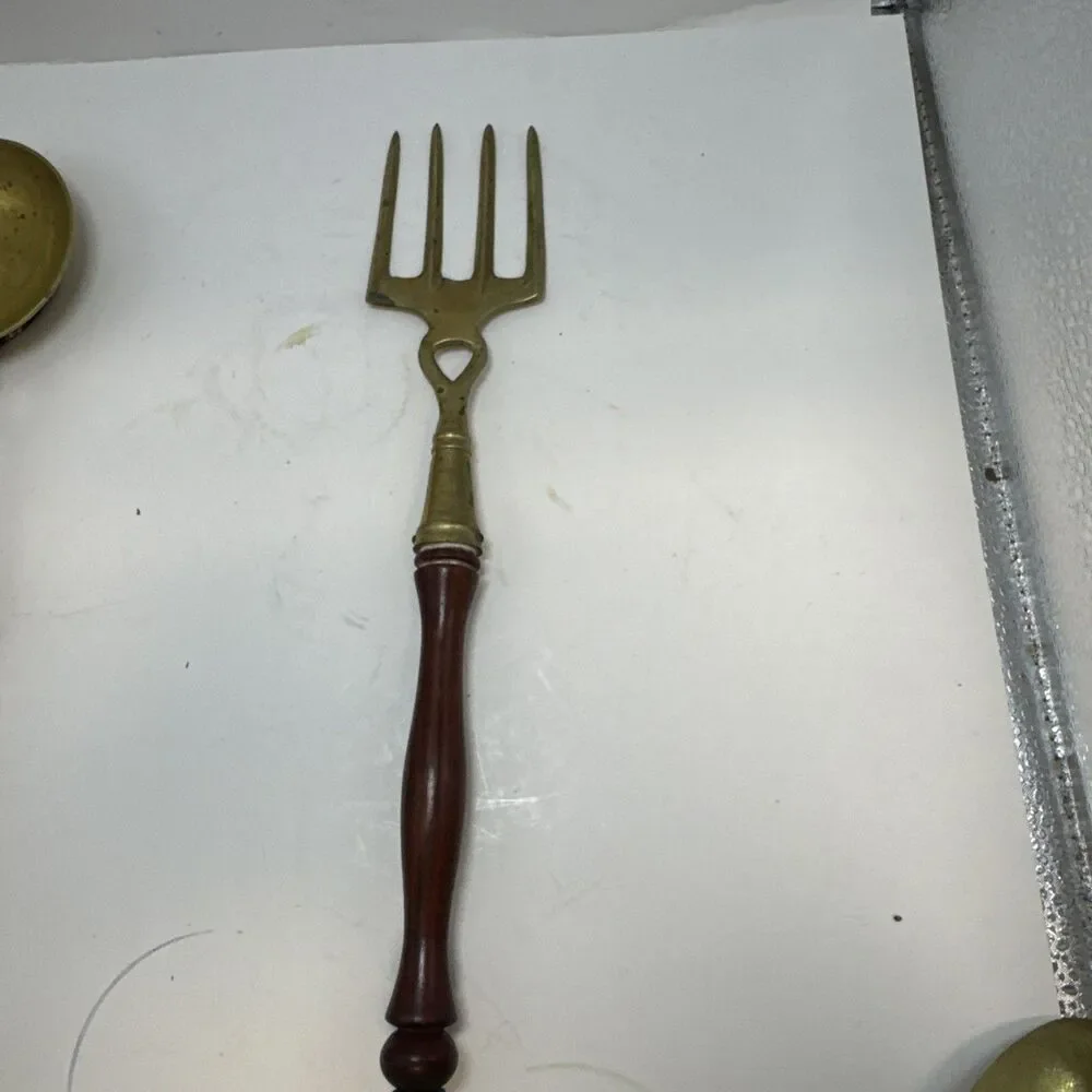 Antique Brass and Wooden 4 piece Kitchen Accessory Utensils Tools Set